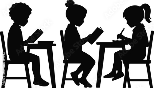 Silhouette of school children reading books and writing at desks, education, learning, classroom activity, kids studying, student learning concept