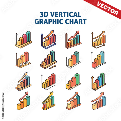 3D vertical graphic chart with rising red to yellow bars, upward arrows, and outlined axis for data visualization, vector infographic illustration
