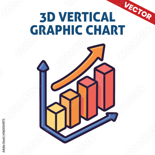 3D vertical graphic chart with colorful ascending bars, upward arrows, and labeled axis for clear data analysis and performance tracking, vector graphic design
