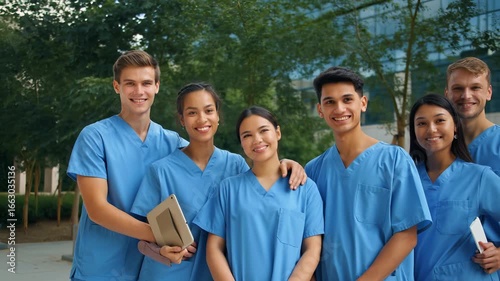 Group of cheerful multi ethnic medical students in blue scrubs posing together outside the hospital, ready to embark on their healthcare careers