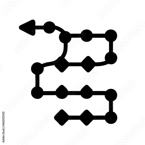 Black diagram showing a complicated path of connected circles and diamonds