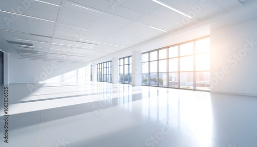 Bright, empty office space with large windows letting in sunlight, reflecting off the polished floor, creating a clean and modern atmosphere.