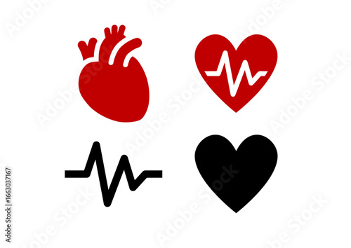 Set of heart and cardiology icons with heartbeat line, flat design in red and black colors. Suitable for health, medical, fitness, and healthcare concepts.