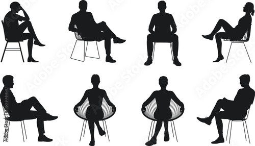 Silhouettes of men and women sitting on chairs, various postures, office and casual sitting positions, isolated vector, black and white artwork