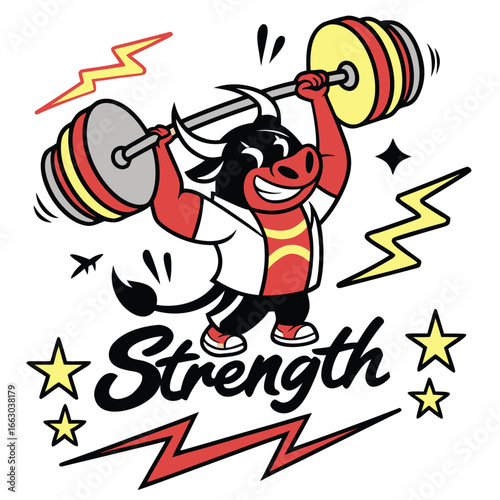 Dynamic illustration of a powerful muscular cartoon character with bold lines and vibrant colors ideal for branding and promotional materials
