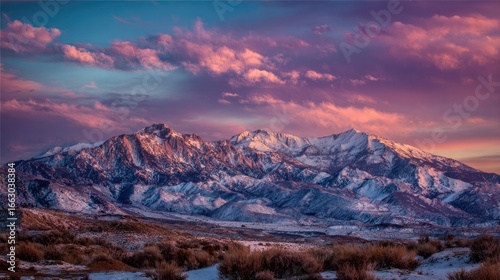 Snowy mountain range at vibrant sunset