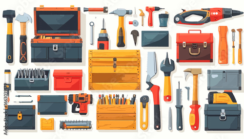 Flat vector set of handyman tools such as hammer, wrench, screwdriver, and saw isolated on white background.