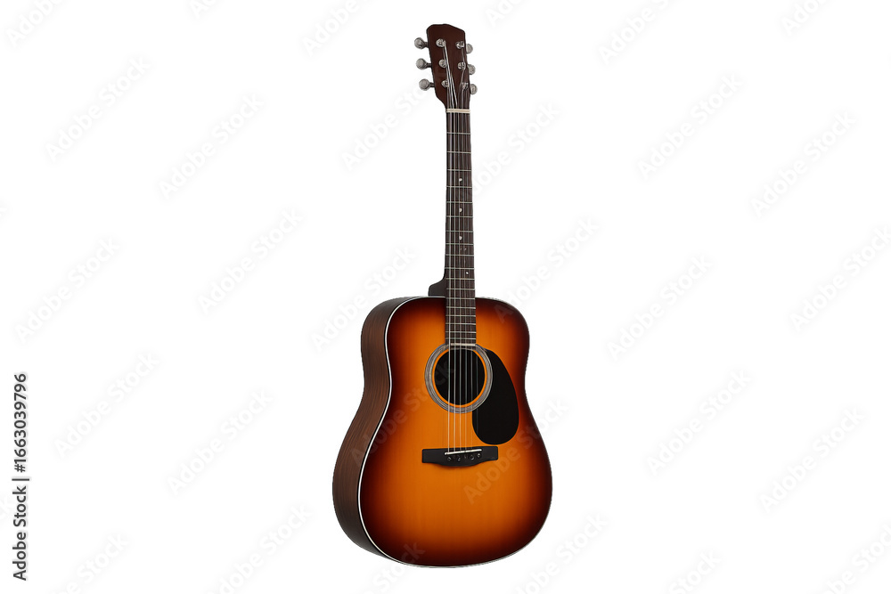 Fototapeta premium Classic acoustic guitar isolated on transparent background png, wooden six-string instrument with sunburst finish, traditional folk music instrument for concerts and performances