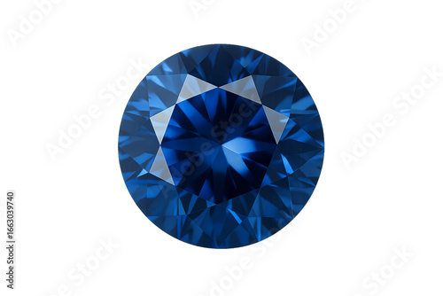 Brilliant round-cut blue sapphire gemstone with sparkling facets isolated on transparent background png, luxurious precious stone for jewelry design
