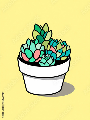 Vibrant Pastel Succulents in White Pot:  Cheerful, Minimalist Illustration.