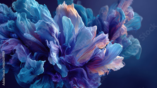 Abstract Flowing Silk Fabric in Shades of Blue, Purple, and Orange, Creating a Dynamic and Elegant Texture on a Dark Blue Background, Ideal for Modern Design and Creative Projects