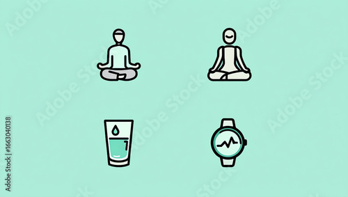 Mindfulness, Hydration, and Wellness:  Flat Icon Set for Healthy Lifestyle Blogs.