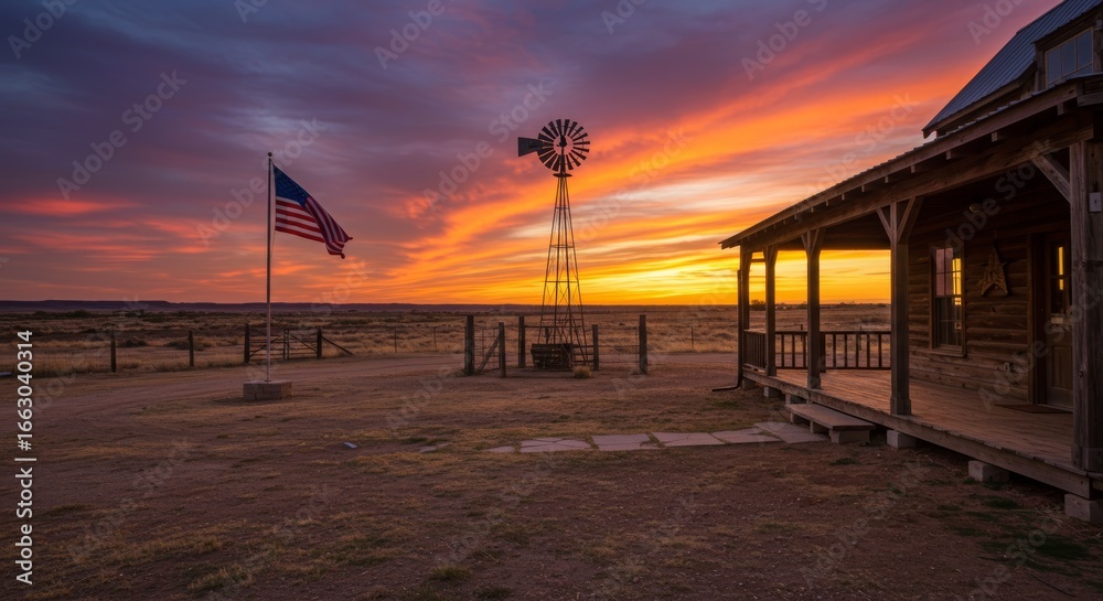 Fototapeta premium Rustic Wooden Cabin With American Flag and Windmill at Vibrant Sunset in Open Countryside