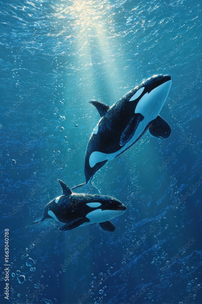 Obraz premium Magnificent orcas underwater in the deep blue ocean, illuminated by sunlight streaming through, showcasing marine wildlife and their natural aquatic habitat.
