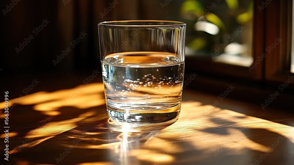 Obraz premium Clear Glass of Water with Bubbles Lit by Sunlight Indoors