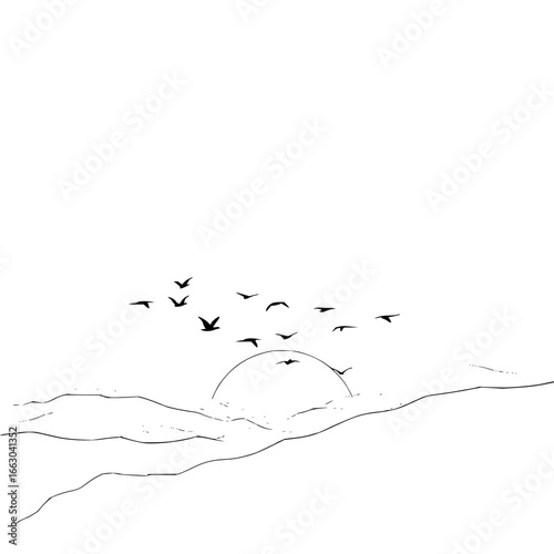 Minimalist sunset landscape with flying birds vector illustration and nature scenery background design 100