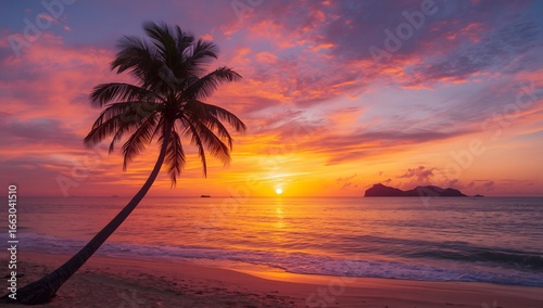 Fototapeta Naklejka Na Ścianę i Meble -  tropical island sunset palm trees ocean sea sand relaxing beach photograph calm nature scene beautiful setting sun summer vibes travel view