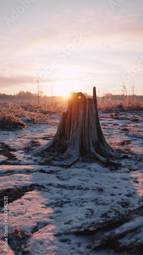Sunrise on a snowy stump