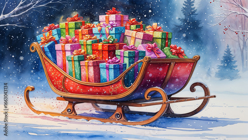 Christmas Sleigh with Colorful Gift Boxes Watercolor Illustration