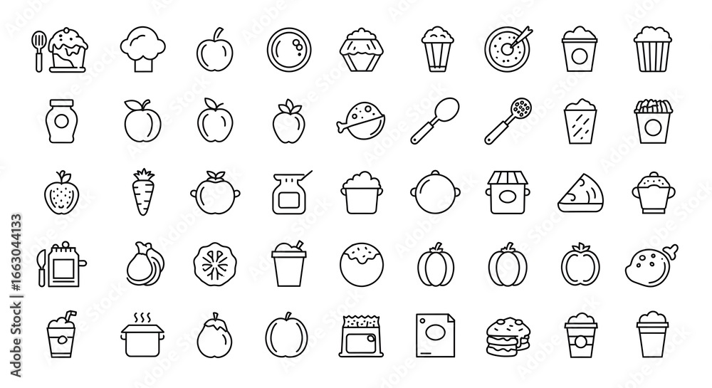 Fototapeta premium A comprehensive collection of line art icons featuring various foods, healthy fruits, sweet desserts, and kitchenware essentials