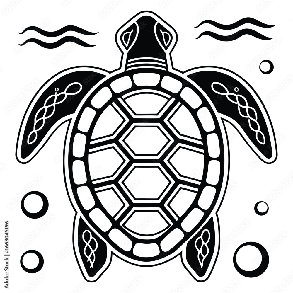Obraz premium Artistic black and white outline of a sea turtle with celtic knot patterns and bubbles