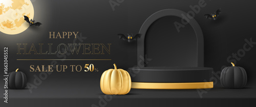 3D Luxury halloween product podium banner template. with elegant gold pumpkin and bat on black background. Special discount promotion sale offer, website, online shop, advertising, social media post.