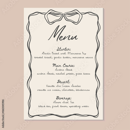 Minimalist set menu list with ribbon frame. Vector illustration restaurant or cafe set menu with starter food, main course, dessert and beverage.