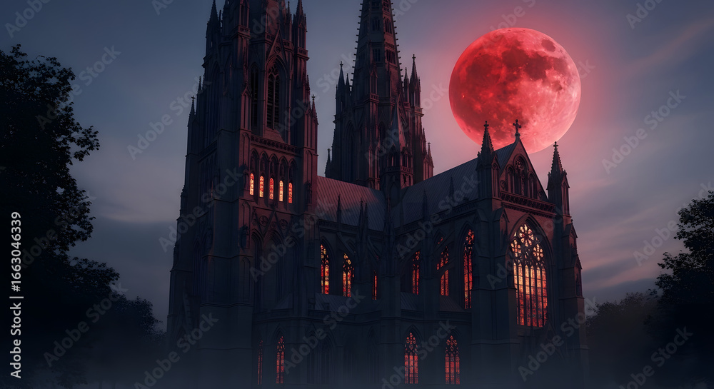 Obraz premium An ancient gothic cathedral illuminated by a haunting red blood moon on a foggy night