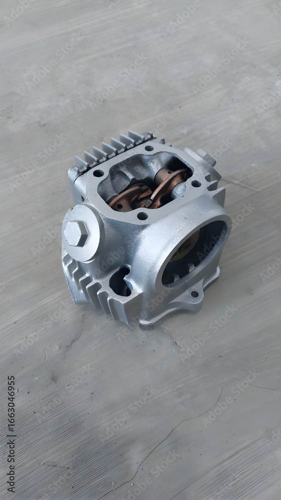 Fototapeta premium Close-up view of a silver-colored engine cylinder head.