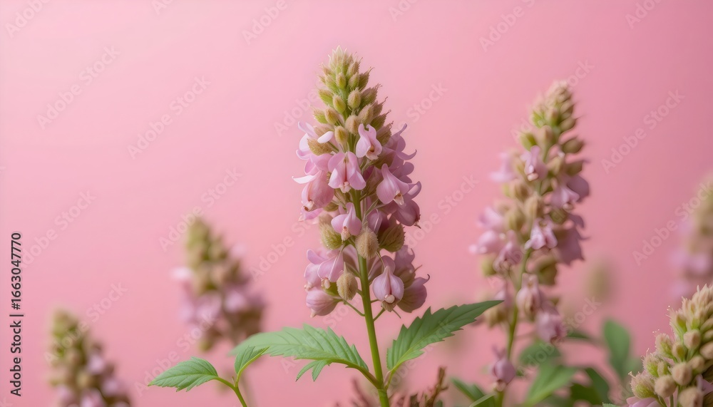 Obraz premium Close-Up Catnip Blossoms Against Soft Pink Background | Botanical Photography of Catmint Flowers, Herbal Plant Macro, Natural Pet Herb, Delicate Floral Aesthetic, Healing Garden Inspiration
