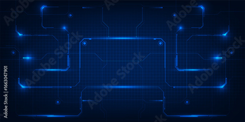 Vector illustration of digital circuit frame network and copy space grid panel for user interface in game and advertising.