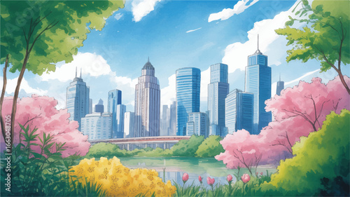 A digital watercolor-style illustration of a modern city skyline viewed from a garden perspective.  
