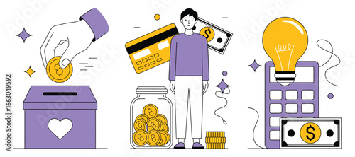 Stylized illustration of saving, budgeting, and financial planning concepts with donation box, coin jar, credit card, and calculator elements