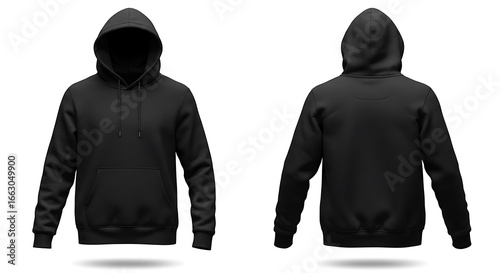 Blank black hoodie mockup with the hood up, showing isolated front and back views for apparel design.