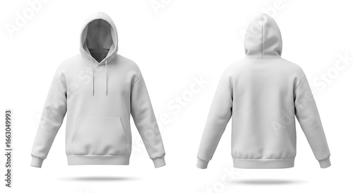 A realistic 3D mockup of a blank white hoodie sweatshirt, showing the isolated front and back views.
