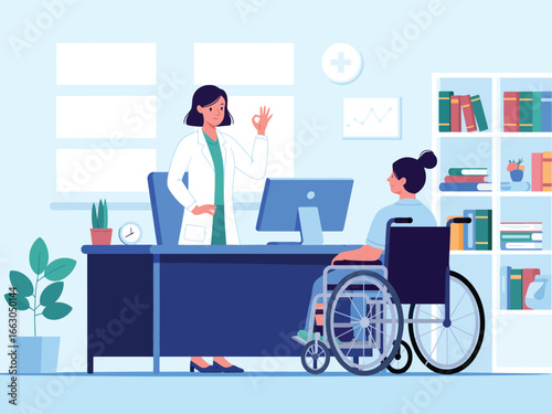 Medical consultation scene with doctor and wheelchair-bound patient in a professional office, highlighting accessible healthcare and empathy