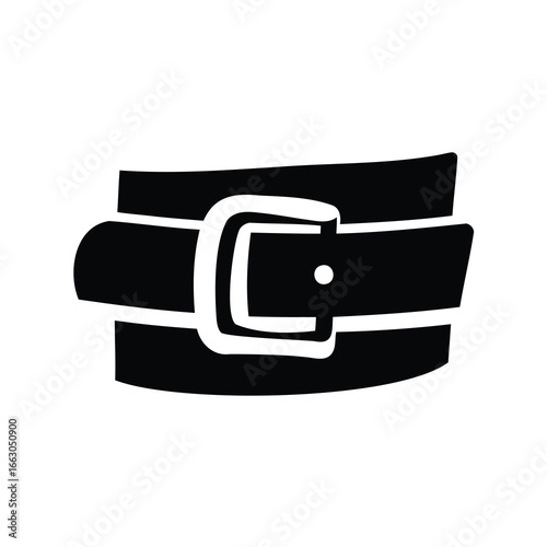 A simple black and white silhouette of a leather belt with buckle