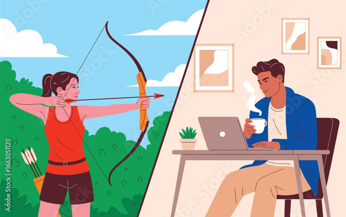 split scene of outdoor archery and indoor work showing contrast between active lifestyle and cozy productivity