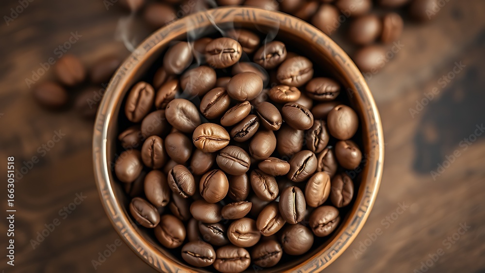 Fototapeta premium Freshly roasted coffee beans in a bowl, steaming with warmth, evoking a cozy rustic atmosphere.