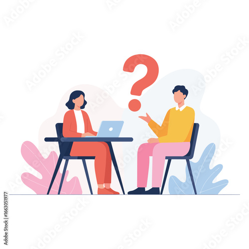 flat illustration of two people in consultation with laptop and question mark in calm abstract background