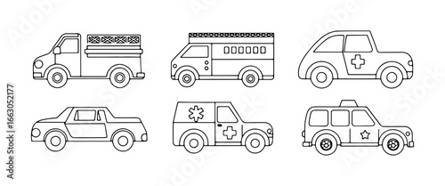 Emergency response vehicles illustrated in a simple line art style, showcasing various designs and functions in one view