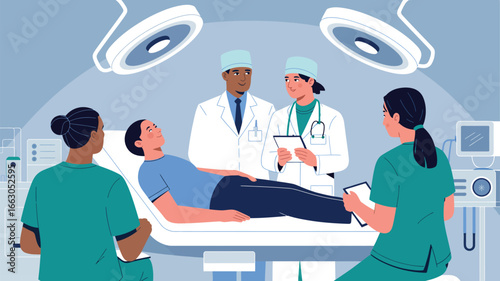 Illustration of medical team surrounding patient in hospital bed, symbolizing healthcare collaboration, treatment planning, and clinical care