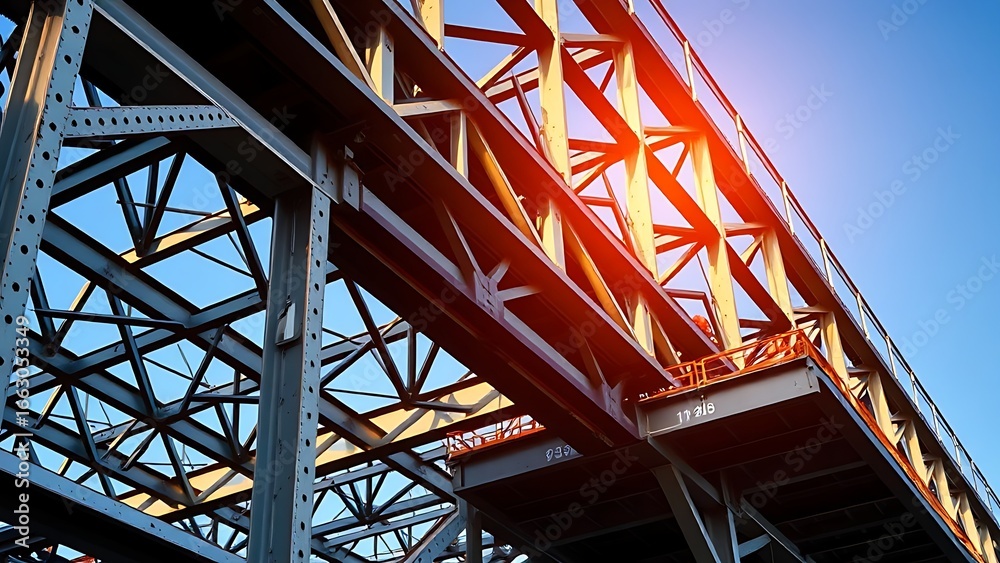Naklejka premium Industrial steel structure with geometric patterns, highlighting construction progress under clear skies.