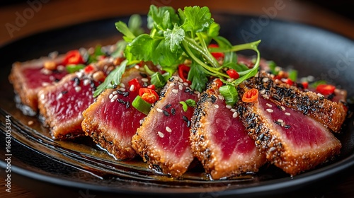 Gourmet close-up of exquisite wagyu beef tataki served on a plate with garnishes and sauces