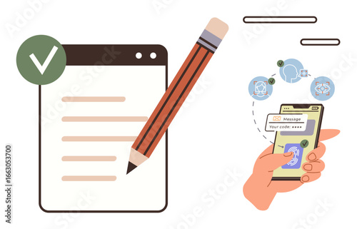 Checklist with pencil next to smartphone displaying order confirmation and secure messaging. Ideal for productivity, e-commerce, security, communication, task management, online payment, digital