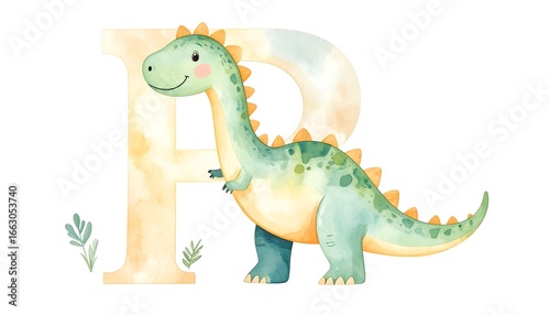 Fototapeta Naklejka Na Ścianę i Meble -  Cute dinosaur next to the letter 'R'