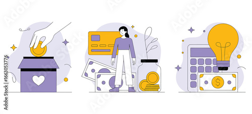 Illustration of donation, budgeting, and financial planning scenes, symbolizing personal finance, savings, and responsible money management