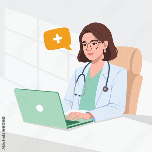 Illustration of doctor in lab coat working on laptop with medical cross speech bubble, symbolizing digital healthcare and professional care