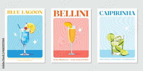 Set of 3 Cocktails retro poster. Bellini, Blue Lagoon, Caipirinha. Collection of popular alcohol drinks. Vintage style vector illustrations, bar, pub, restaurant, kitchen wall art