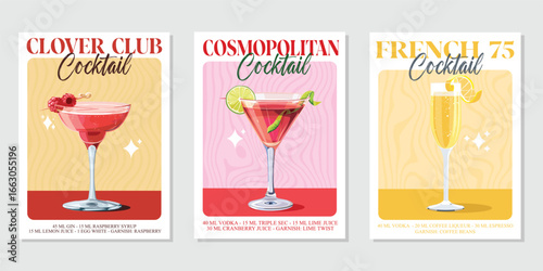 Set of 3 Cocktails retro poster. French 75, Clover Club, Cosmopolitan. Collection of popular alcohol drinks. Vintage style vector illustrations, bar, pub, restaurant, kitchen wall art